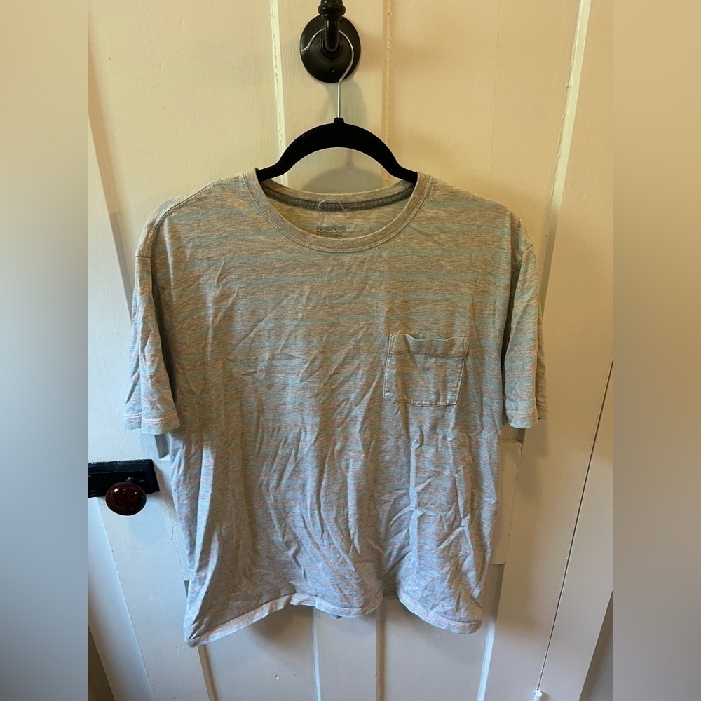 Men’s Patagonia Grey and Blue Stripe Pocket Tee Size Large 100% Organic Cotton